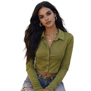 Cider Green Shinny Button-Up Long Sleeve Top XS Y2K